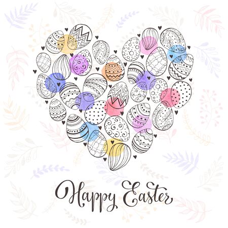 Composition with easter eggs hand drawn black on white background. Easter greeting card. Easter eggs with colorful leaves and leaves in heart shape.のイラスト素材