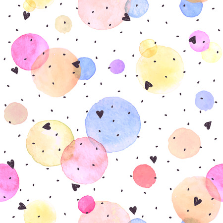 Watercolor texture. Aquarelle circles in pastel colors. Seamless pattern. Watercolor pink, blue and yellow spots isolated on white background.のイラスト素材