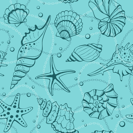Marine seamless background from hand drawn sea shells and stars. Nautical pattern with shellfishes.のイラスト素材