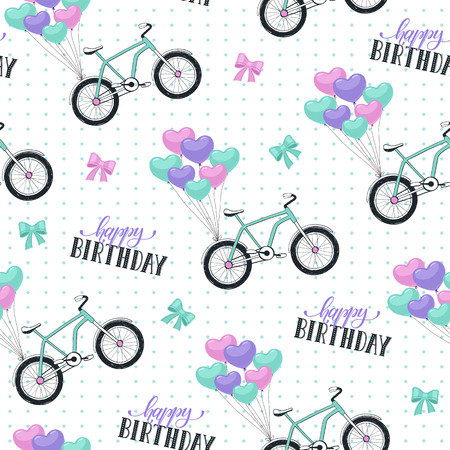 Happy birthday seamless background. Bicycles  pattern for wrapping papers and greeting cards.のイラスト素材