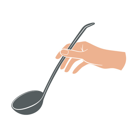 Hand holding ladle icon. Kitchen tools. Cooking hand  symbol isolated on white background.のイラスト素材