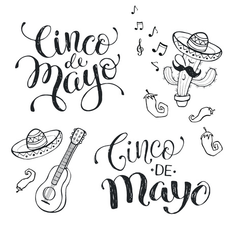 Hand written phrases for Mexican celebration of Cinco de Maya. Cinco de mayo wording isolated on white background. National mexican attributes. Hand drawn items of mexican culture.のイラスト素材