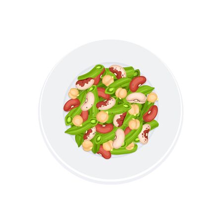 Fresh salad from beans, french beans and chickpea on plate isolated on white background. Salad plate from top view. Healthy food concept. Salad vector illustration for menu design.のイラスト素材