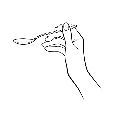 Woman hand holding spoon. Kitchen tools. Outline cooking gesture. Cooking hand isolated on white background.のイラスト素材