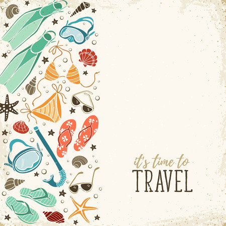 Travel time flayer in retro colors. Illustration of swimsuits, masks, shells, flippers and flip flops. Summer side composition with text. Collection of beach accessories in retro style.のイラスト素材