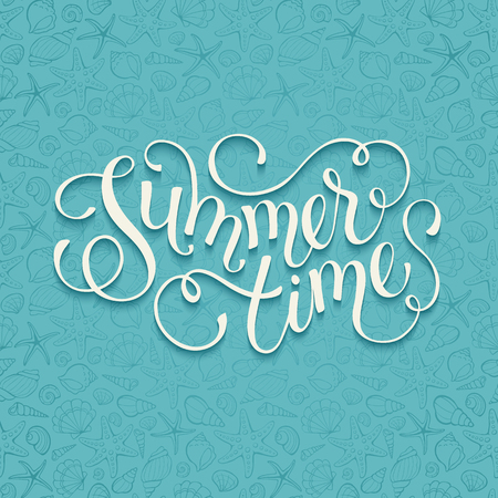 Summer time wording with sea shells on background. Happy summer lettering. Modern calligraphy template for greeting card design.のイラスト素材