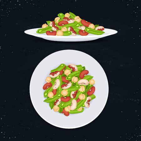 Fresh salad from beans, french beans and chickpea on blackboard. Salad top view and salad side view. Healthy food concept. Salad on plate vector illustration for menu design.のイラスト素材