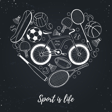 Collection of vector sport equipment. Sport is life illustration. Hand drawn sport balls, rackets, bicycle in heart shape on chalkboard.のイラスト素材