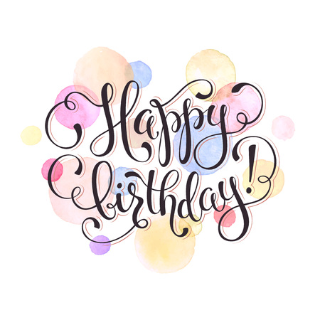 Happy birthday greeting card. Watercolor spots in pastel color isolated on white background with text. Birthday wording vector illustration.のイラスト素材