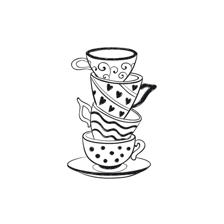 Tea cups pile symbol isolated on white background. Kitchen utensils outline in cartoon style.のイラスト素材