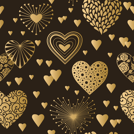 Cute hearts seamless background. Valentine's day ornament golden on black. Romantic tiled pattern for wrapping paper and wallpaper design.のイラスト素材