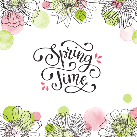 Floral frame with text. Romantic greeting card. Spring time wording with hand drawn flowers and watercolor spots on white background.のイラスト素材