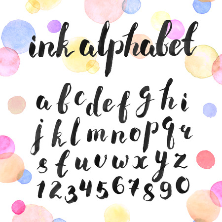 Handmade letters. Handwritten alphabet with watercolor spots on background. Hand drawn calligraphy. Modern ink typography.のイラスト素材