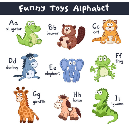 Funny animals alphabet. Cute cartoon animals with latin letters isolated on white background. Plush toys collection. Vector illustration of adorable baby animals.のイラスト素材