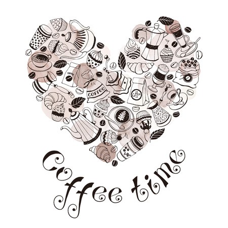 Coffee time poster concept. Coffee party greeting card design. Hand drawn line art illustration with teapots, cups and sweets in heart shape.のイラスト素材