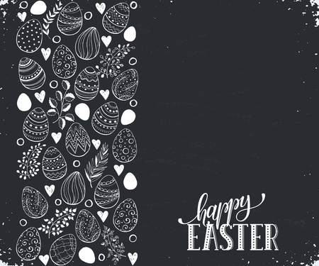 Easter eggs composition hand drawn black on white background. Decorative vertical stripe from eggs with  leaves and calligraphic wording.のイラスト素材