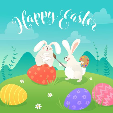 Easter greeting card with white cute bunnies drawing on colorful eggs. Fun illustration of rabbits and eggs on grass and Happy Easter text.のイラスト素材