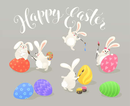 Cute Easter bunnies coloring eggs. Fun illustration of rabbits and eggs with Happy easter text on grey background.のイラスト素材