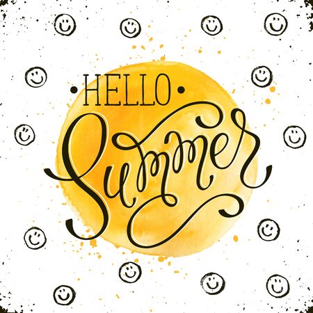 Hello Summer text on yellow watercolor spot. Bright and modern lettering for posters and greeting cards design. Inspirational phrase with smileys on white background.のイラスト素材