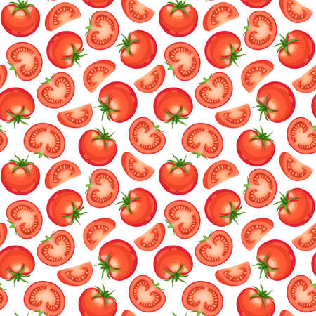 Seamless pattern from chopped ripe tomatoes isolated on white background.  Fresh tomato slices background.のイラスト素材