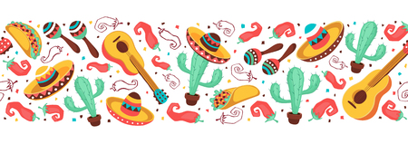 Cinco de Mayo objects horizontal stripe composition. Mexican culture symbols collection. Guitar, sombrero, maracas, cactus and jalapeno isolated on white background. National Mexico attributes banner.のイラスト素材