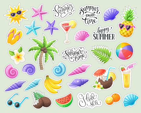 Tropical summer stickers isolated. Summer time wording with colorful beach objects. Fresh tropical fruits and cocktails icons.のイラスト素材