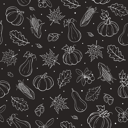 Seamless autumn background white on black. Tiled fall pattern with leaves, pumpkins and cranberries.のイラスト素材
