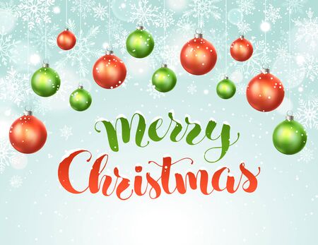 Happy holidays greeting card template. Modern New Year lettering with snowflakes ans Christmas balls isolated on white background. Merry Christmas vector illustration with text.のイラスト素材