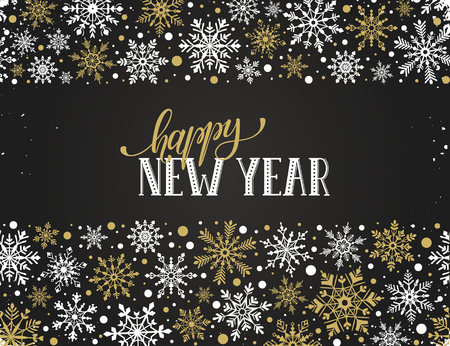 Happy New Year greeting card template. Modern winter lettering with snowflakes horizontal frame on chalkboard. Merry Christmas vector illustration with text.のイラスト素材