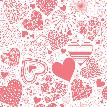 Cute hearts seamless background. Valentines day ornament red on white. Romantic tiled pattern for wrapping paper and wallpaper design.のイラスト素材
