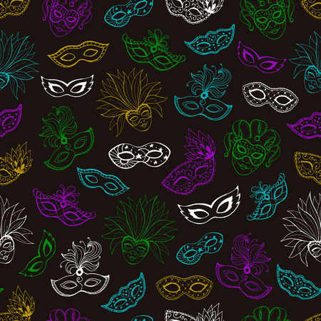 Carnival seamless pattern on dark background. Tiled backdrop with masks for masqeurade cards, posters decorations. Hand drawn carnival wallpaper.のイラスト素材