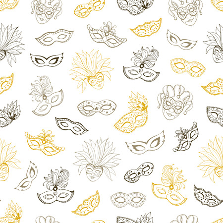 Carnival seamless pattern. Tiled background with masks for masqeurade cards, posters decorations. Hand drawn carnival wallpaper.のイラスト素材