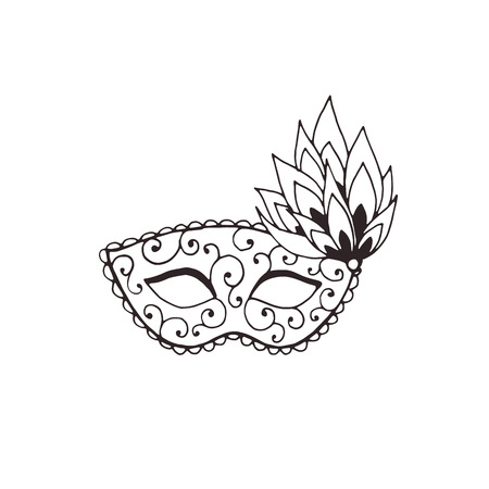 Hand drawn carnival vector mask in line art style isolated on white background. Masqeurade mask sketches for decorating festive invitations, banners, greeting cards.のイラスト素材