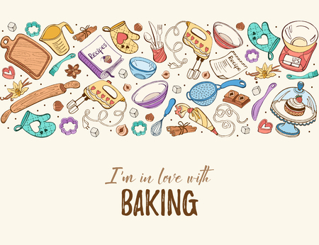 I am in love with baking. Baking tools in horizontal composition. Recipe book background concept. Poster with hand drawn kitchen utensils.のイラスト素材