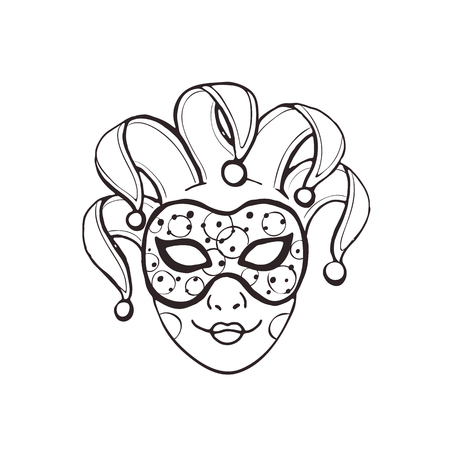 Hand drawn carnival vector mask in line art style isolated on white background. Masqeurade mask sketches for decorating festive invitations, banners, greeting cards.のイラスト素材