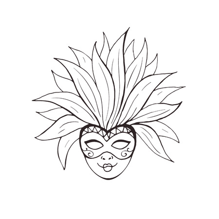 Hand drawn carnival vector mask in line art style isolated on white background. Masqeurade mask sketches for decorating festive invitations, banners, greeting cards.のイラスト素材
