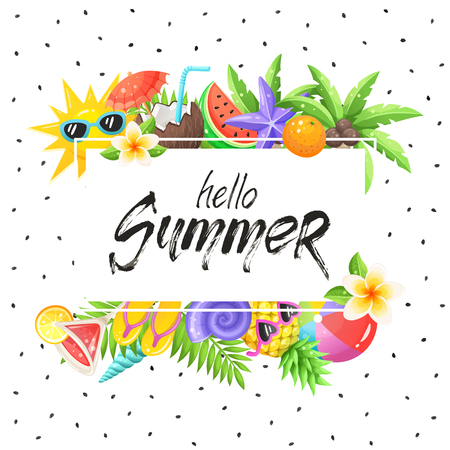 Tropical summer objects in square composition with dotted texture on white background. Hello summer wording with colorful beach objects in square frame. Fresh tropical fruits and cocktail icons.のイラスト素材