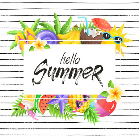 Tropical summer objects in square composition with stripes texture on white background. Hello summer wording with colorful beach objects in square frame. Fresh tropical fruits and cocktail icons.のイラスト素材