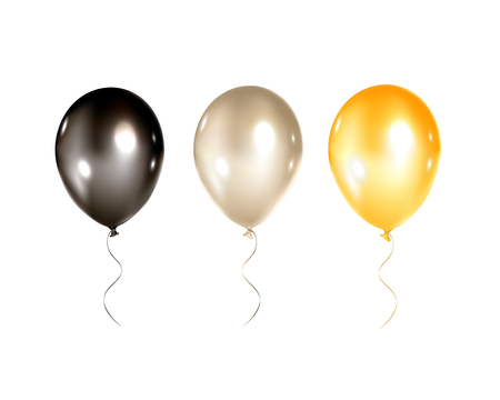 Festive gold, black and silver balloons isolated on white background. Bright balloons for holidays flyers, greeting cards, birthday invitations and other decorations.のイラスト素材