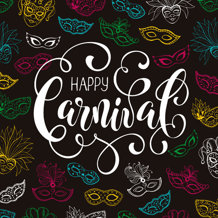 Festive Masqeurade Party invitation template. Happy carnival greeting card with Venetian mask pattern on dark background. Brasil carnaval party banner with ornamental word and colorful masqeurade mask.のイラスト素材