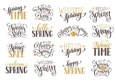Hand written vector Spring time phrases in black and gold. Greeting card text templates on blackboard. Hello Spring lettering in modern calligraphy style.のイラスト素材