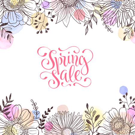 Spring sale vector. Spring wording with floral elements and watercolor spots on background. Romantic greeting card in pastel colors.のイラスト素材