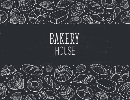 Bakery House. Horizontal border composition from hand drawn bread in sketch style. Vector illustration for bakery shops isolated on white background. Fresh bread poster concept.のイラスト素材