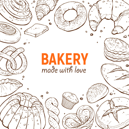 Square frame composition from hand drawn bread in sketch style. Vector illustration for bakery shops. Fresh bread around text banner design.のイラスト素材