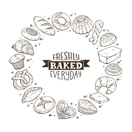 Freshly baked everyday phrase. Round frame from hand drawn bread in sketch style. Vector illustration for bakery shops isolated on white background. Fresh bread in circle shape poster concept.のイラスト素材