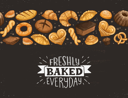 Freshly Baked everyday lettering. Horizontal border composition from hand drawn bread. Vector illustration for bakery shops isolated on white background. Fresh bread banner concept.のイラスト素材
