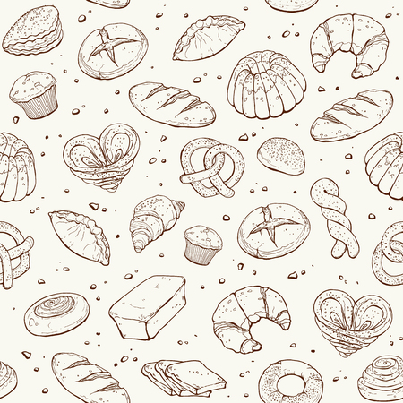 Baking doodle background. Vector seamless pattern with pastry sketches. Hand drawn cakes and pies wallpaper. Bread objects isolated on white.のイラスト素材
