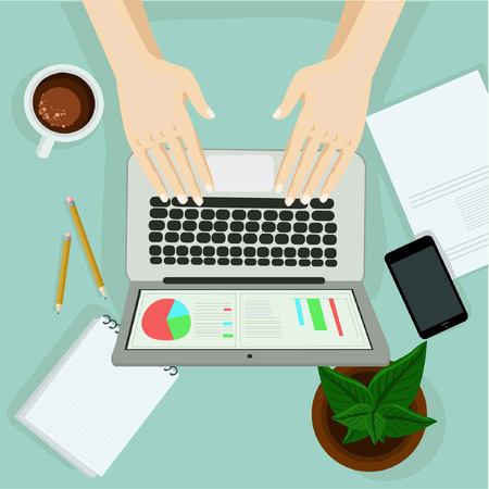 Hand with laptop on the table with office objects. Vector illustration. Top view on work space in office. Person working on computer concept.のイラスト素材