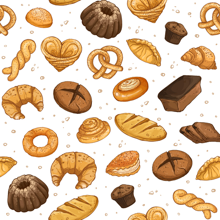 Bakery background. Vector seamless pattern with pastry. Hand drawn cakes and pies wallpaper. Bread objects isolated on white.のイラスト素材