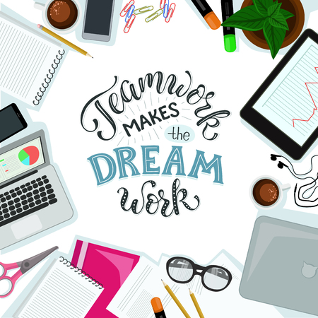 Teamwork makes the dream work lettering. Office workspace vector illustration. Group of office objects around the table. Successful teamwork concept.のイラスト素材